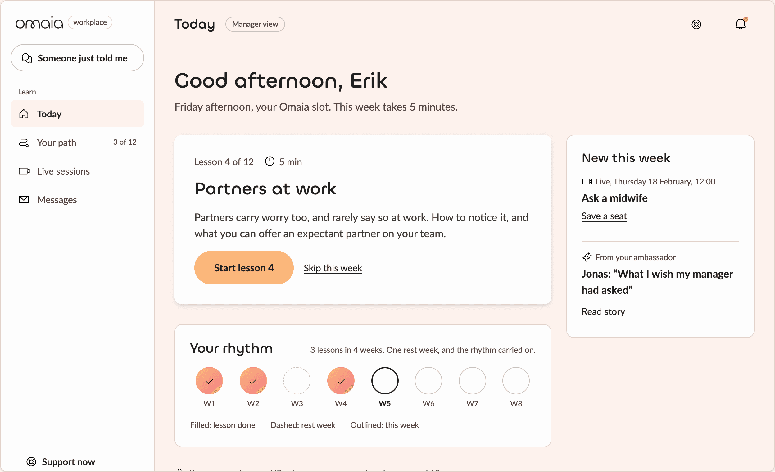 Omaia Workplace, manager view: this week’s 5-minute lesson, “Partners at work”, and the manager’s weekly rhythm.