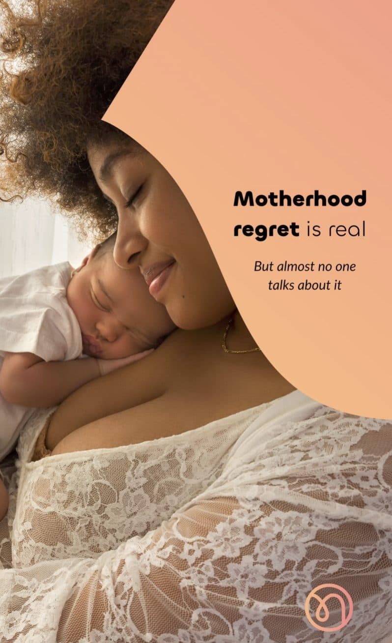 A mother holding her sleeping newborn, with the words: Motherhood regret is real. But almost no one talks about it.