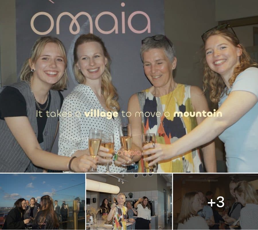 Four smiling women raising glasses in front of an Omaia banner, with the words: It takes a village to move a mountain. Below, three more photos from the event.